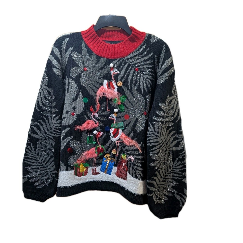 33‎ Degrees Women Ugly Christmas Sweater Small Black Flamingo Feathers Holiday
